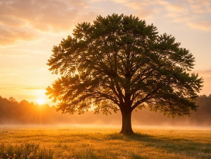 A soft-focus image of a lone tree standing strong in an open field in Bedford Park