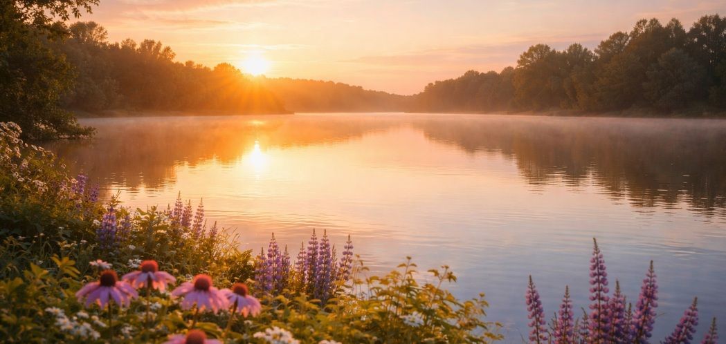 Golden sunrise over a calm lake with soft mist in Chicago
