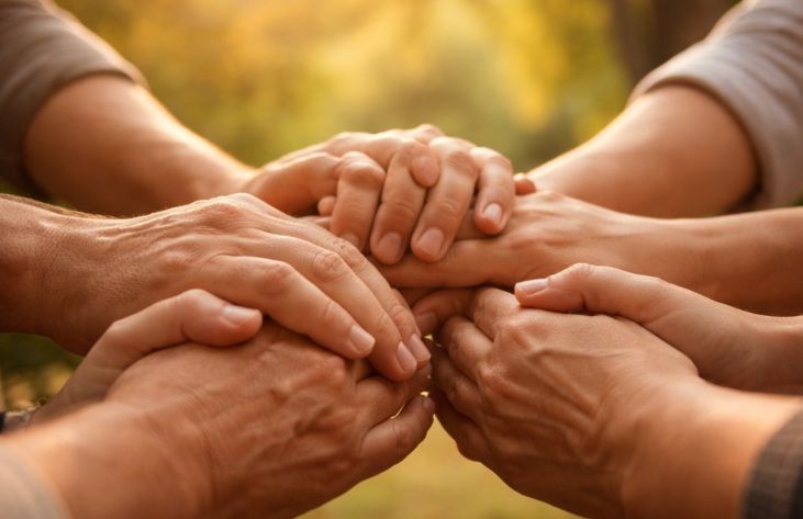 Soft-focus image of several hands gently clasped together in a circle outdoors in Chicago