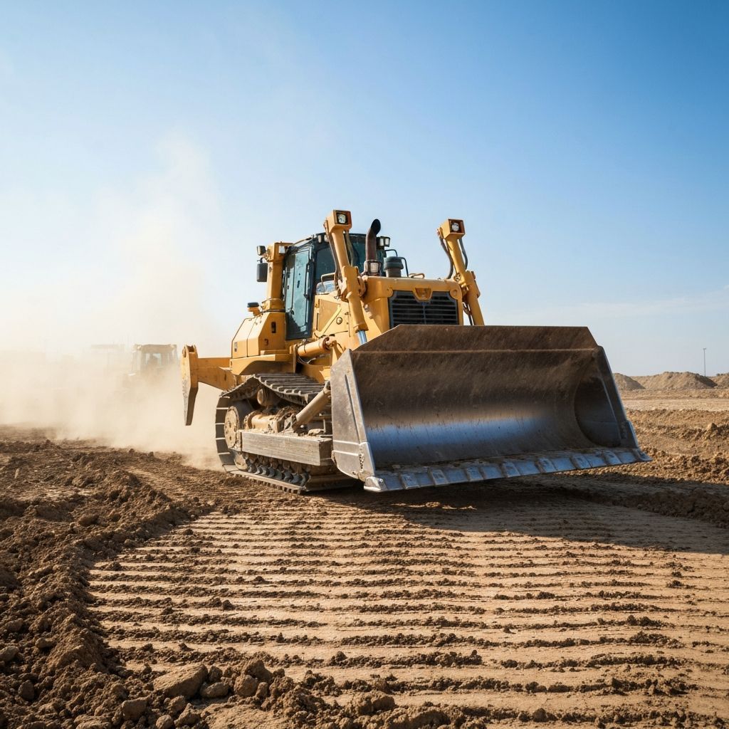 Yellow bulldozer on tracks pushing dirt on a construction site under a clear blue sky.