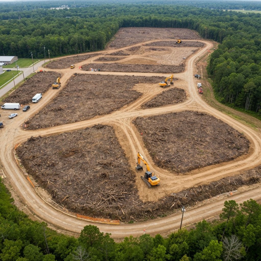 Aerial view of cleared land for construction with heavy machinery.