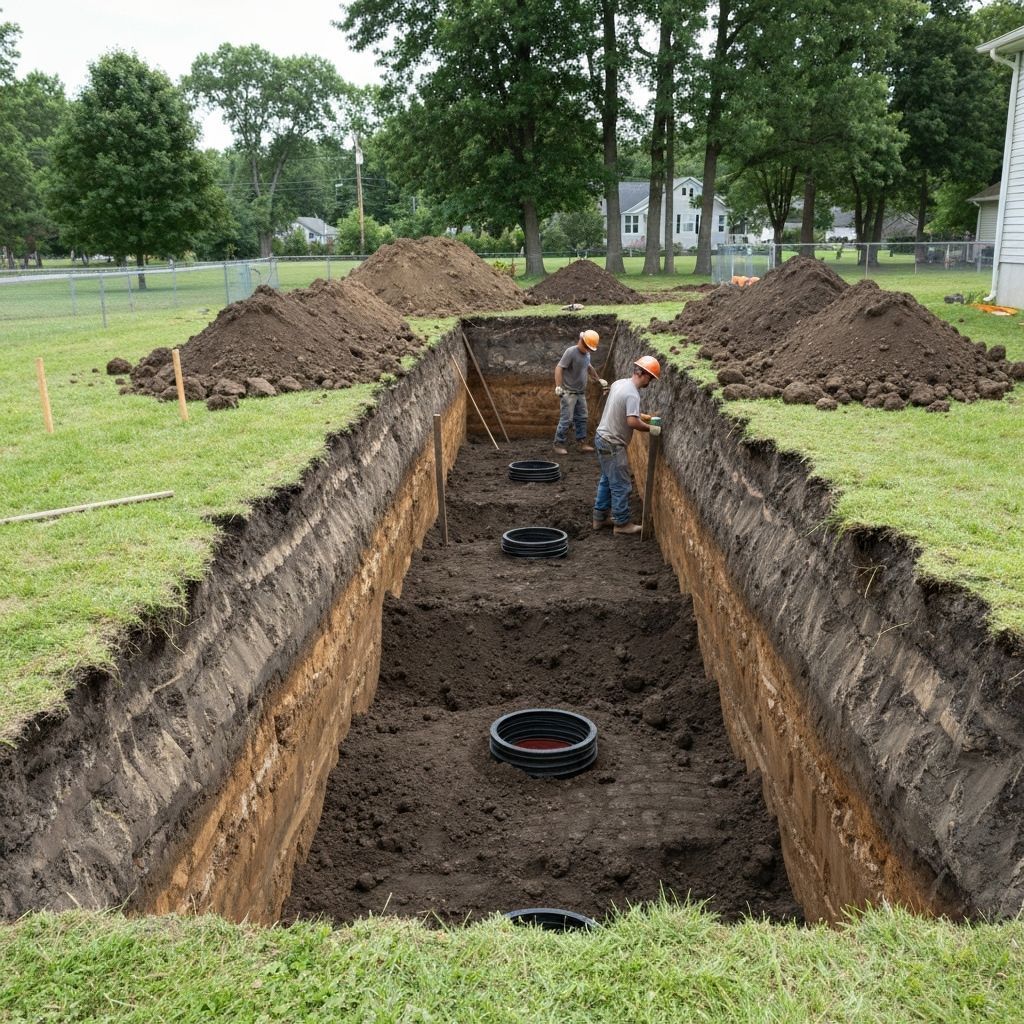 Workers in a long trench installing pipes; dirt piles surround, green grass and trees in background.