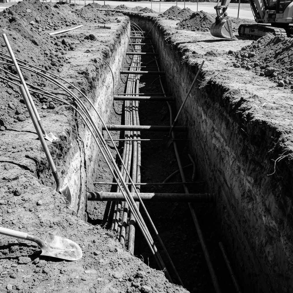 Trench with pipes and support structures; a shovel rests on the edge. Construction site.