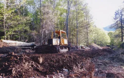 A yellow bulldozer clearing a forest area of dark soil and fallen logs.