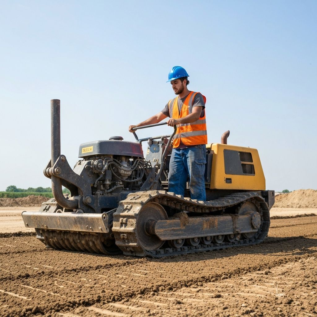 Man operating a yellow and black track-mounted soil compactor on a construction site, wearing safety vest and blue hard hat.