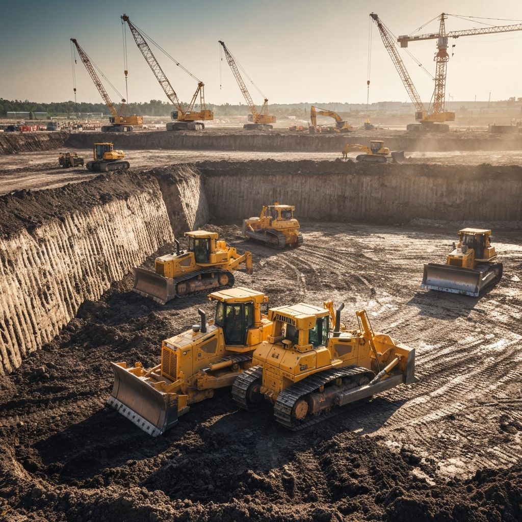 Construction site with yellow bulldozers and cranes, digging in brown earth.