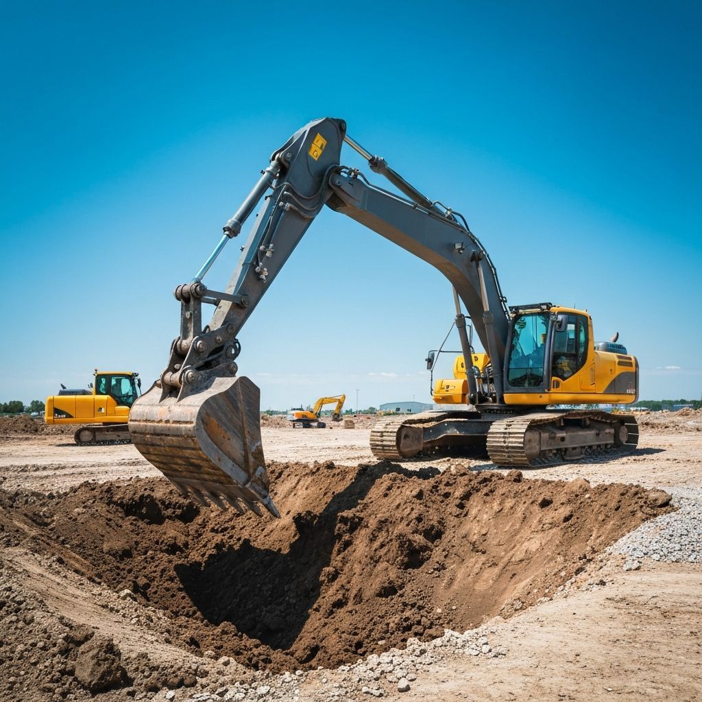 Yellow excavator digging a hole in a construction site on a sunny day.