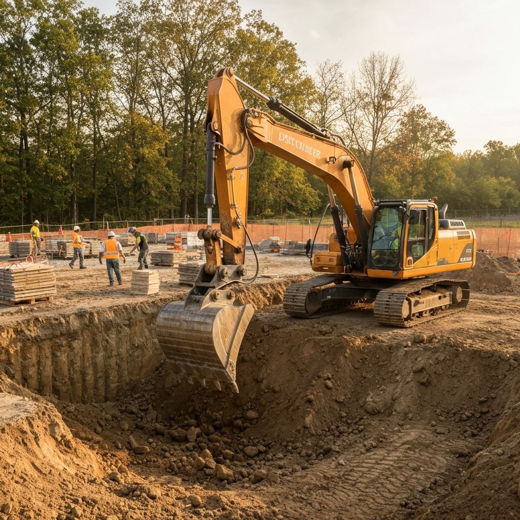 Yellow excavator digging in a construction site; workers nearby.