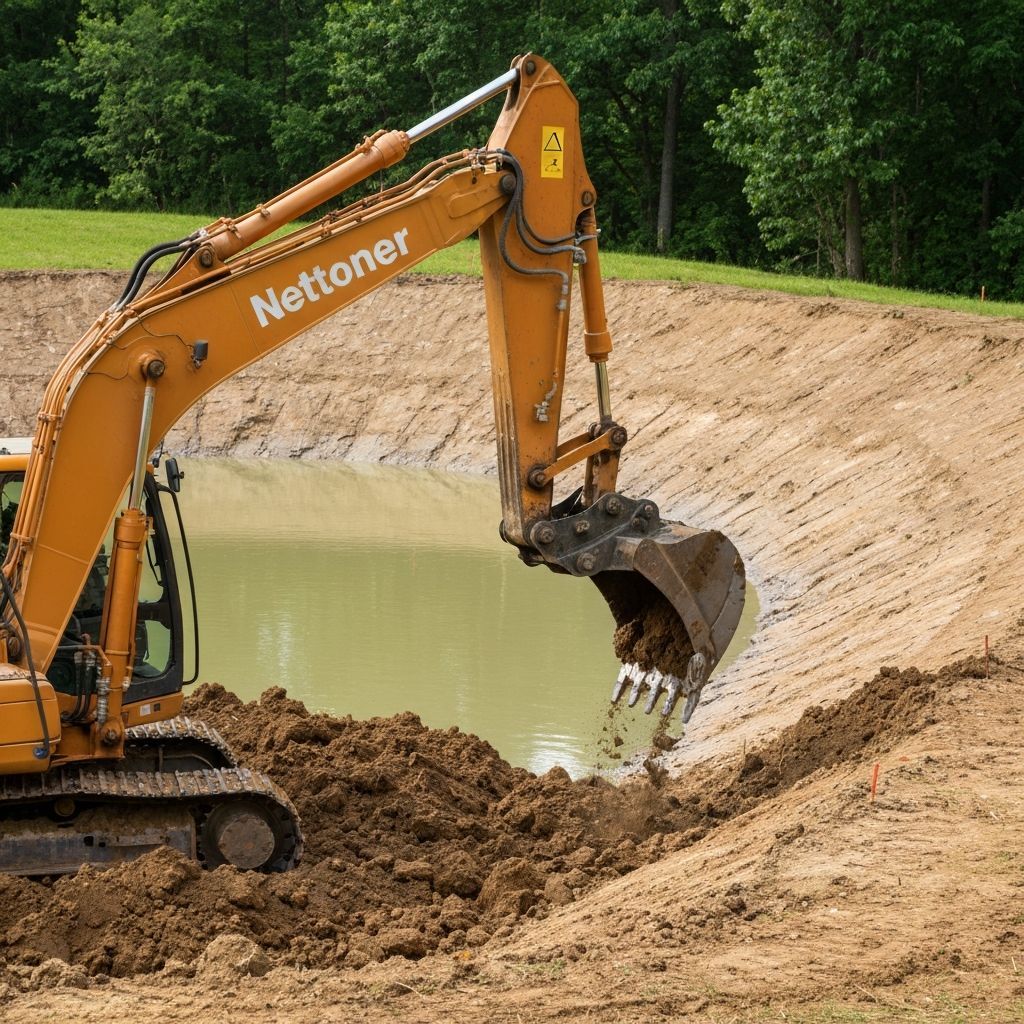 An orange excavator scoops dirt from the edge of a pond, deepening it, against a backdrop of trees.