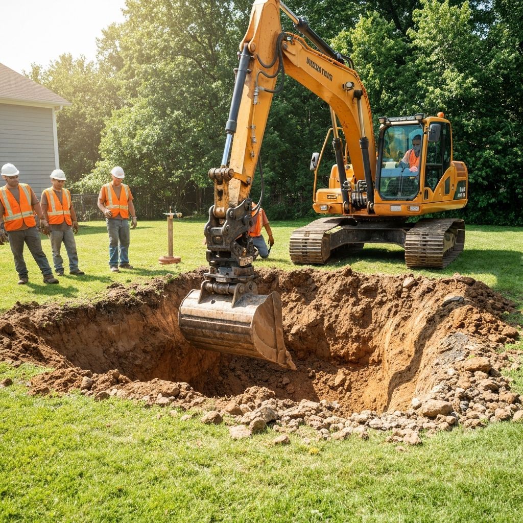 Yellow excavator digging a square hole in a grassy yard, with four workers in safety vests observing.