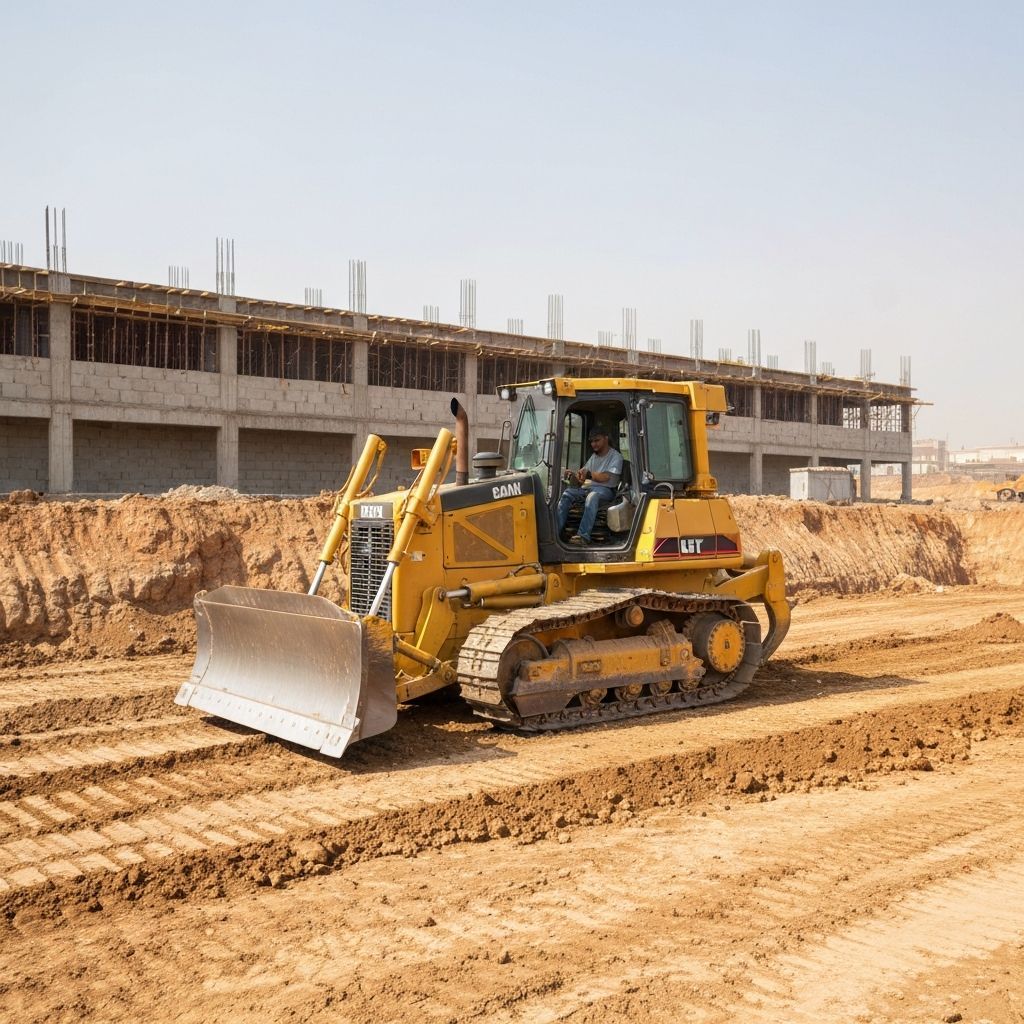 Yellow Caterpillar bulldozer on a construction site, pushing dirt. A person is inside the cab, near a building.