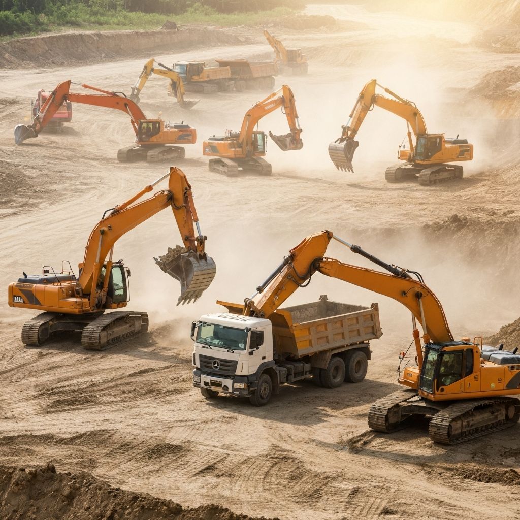 Construction site with orange excavators loading a dump truck with dirt.