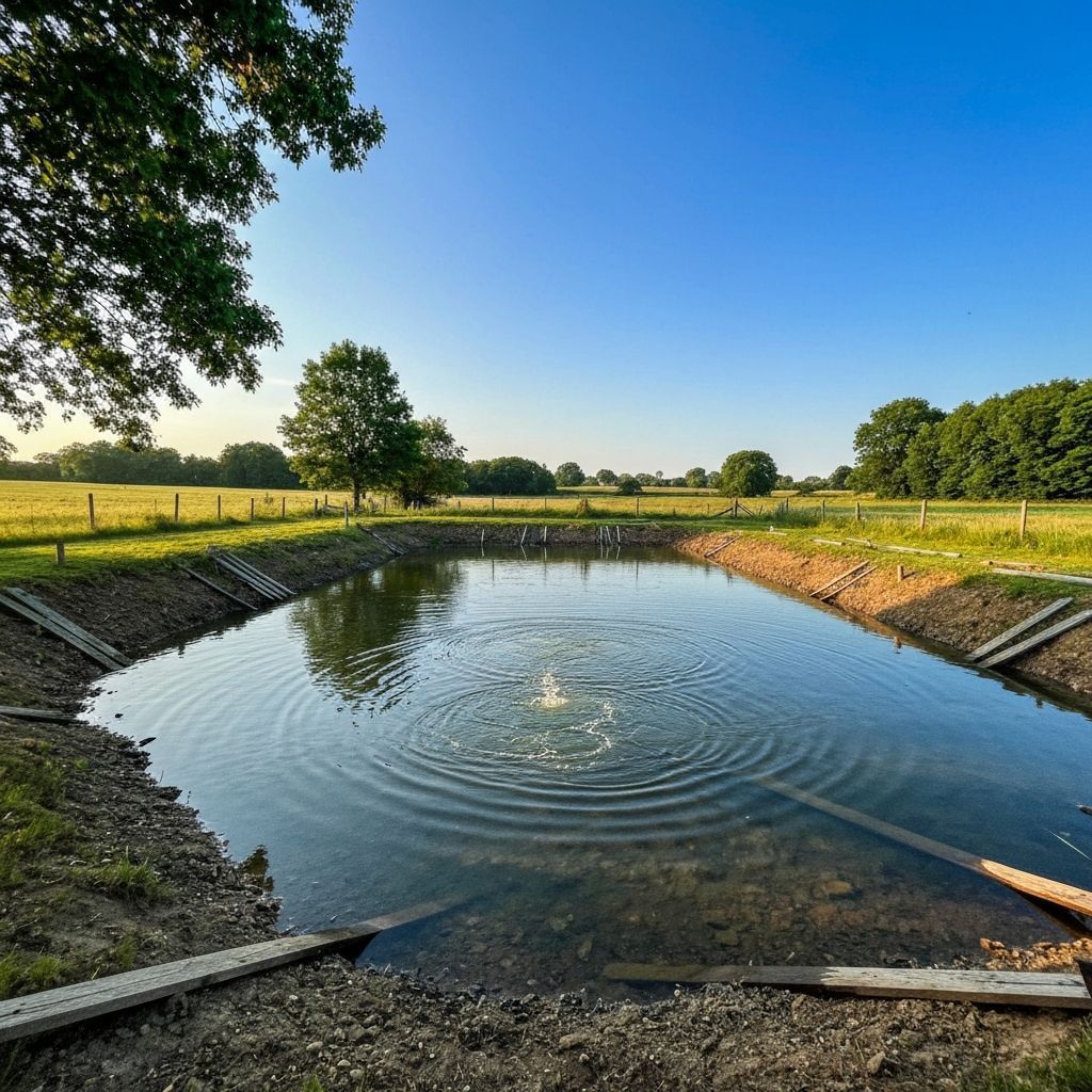 Pond in a field with a fountain, surrounded by grassy banks. Clear blue sky, trees in the background.