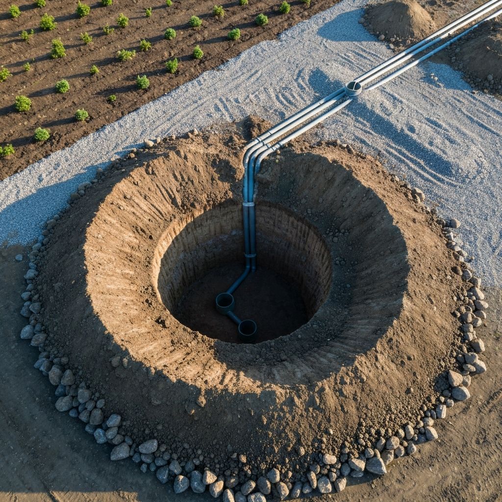 Aerial view of a circular earth excavation with pipes running into it, near a garden and gravel path.