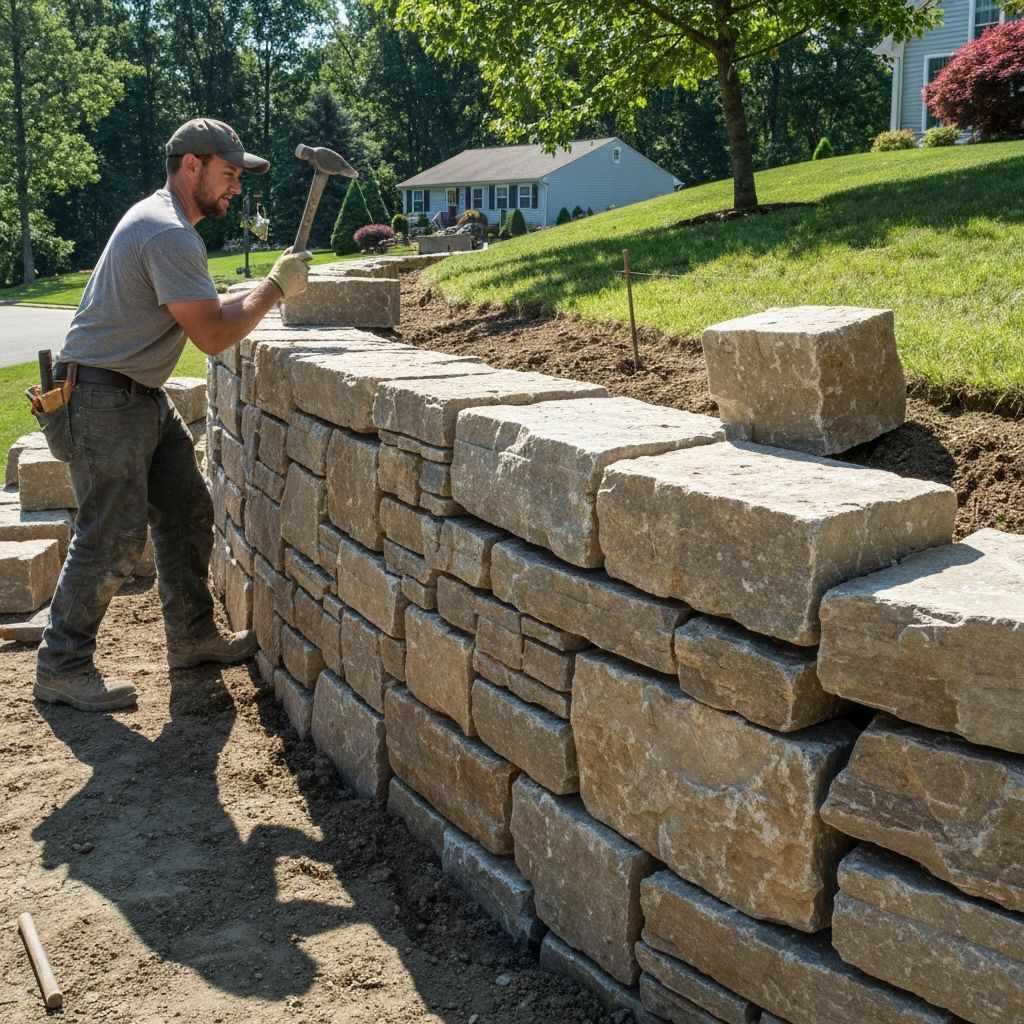 Man building a stone retaining wall outdoors, using a hammer to fit stones.