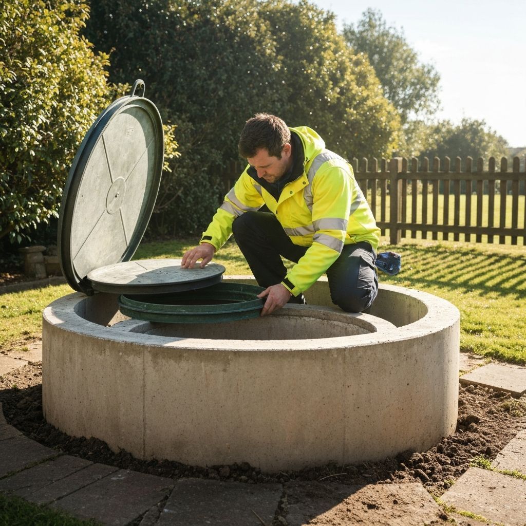 Man in yellow vest kneeling, inspecting a septic tank access point outdoors.