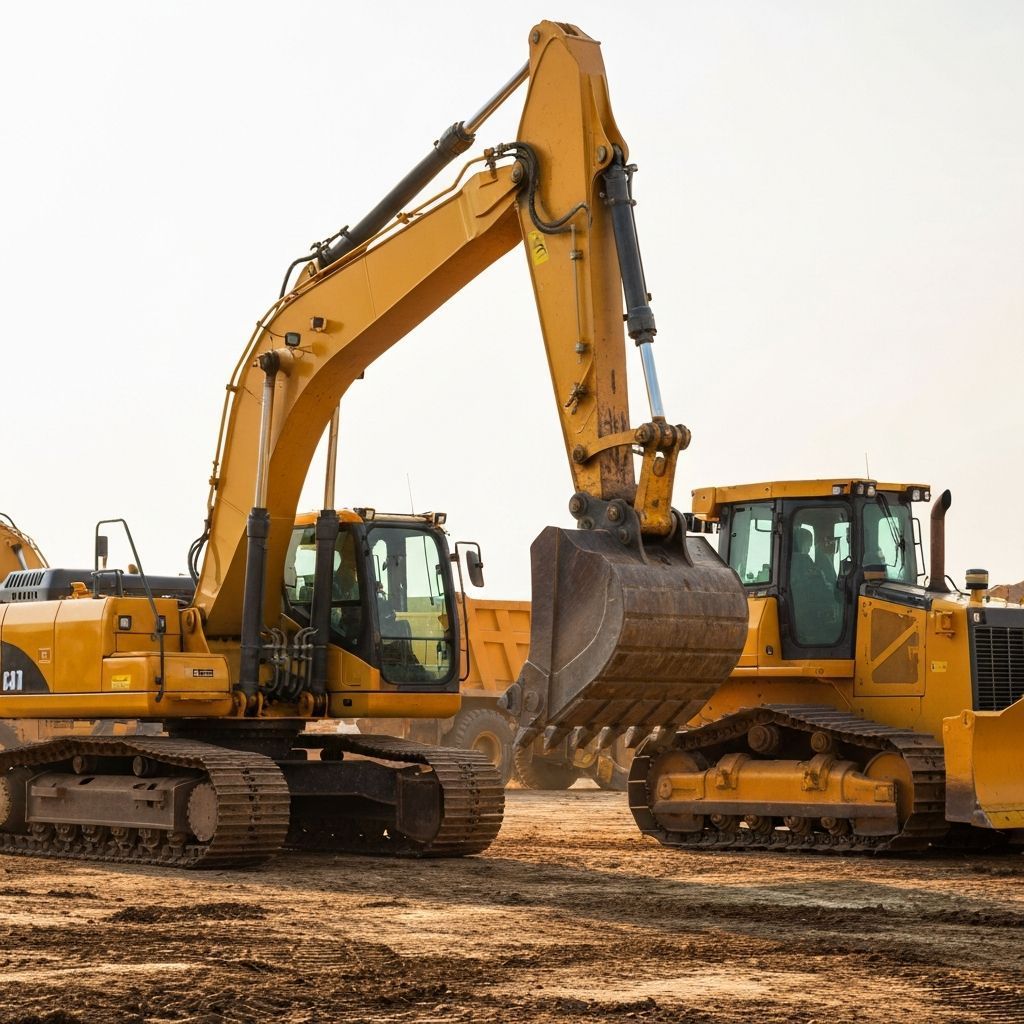 Yellow construction excavator and bulldozer on a construction site.