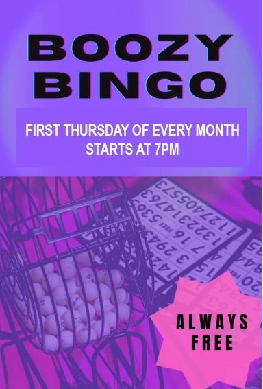 Boozy Bing every Thursday night at 7:00PM starting April 4, 2024.  Always free.  Image of bingo balls in cage next to bing cards.