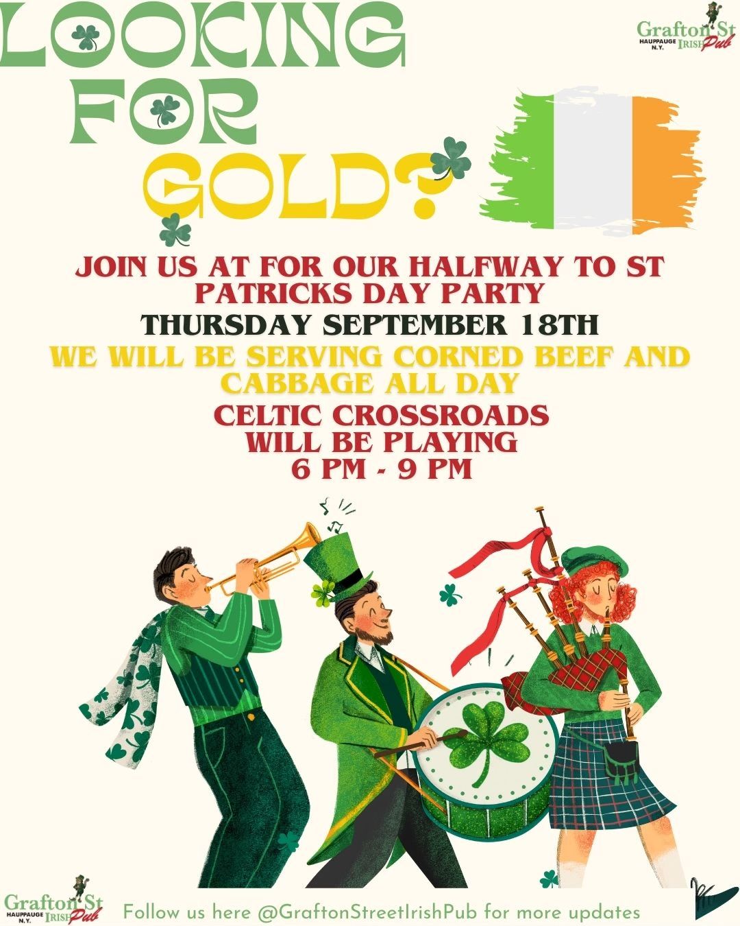 Flyer for a St. Patrick's Day party on Sept 18th, featuring corned beef, cabbage, and live Celtic music.