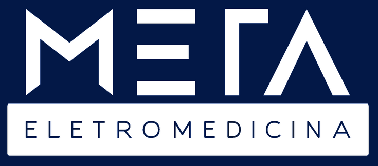 Um logotipo azul e branco para meta eletromedicina