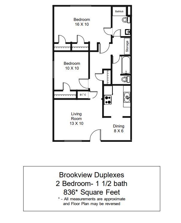 Floor Plan: two bedrooms, one and and a half bathroom, 836 square feet