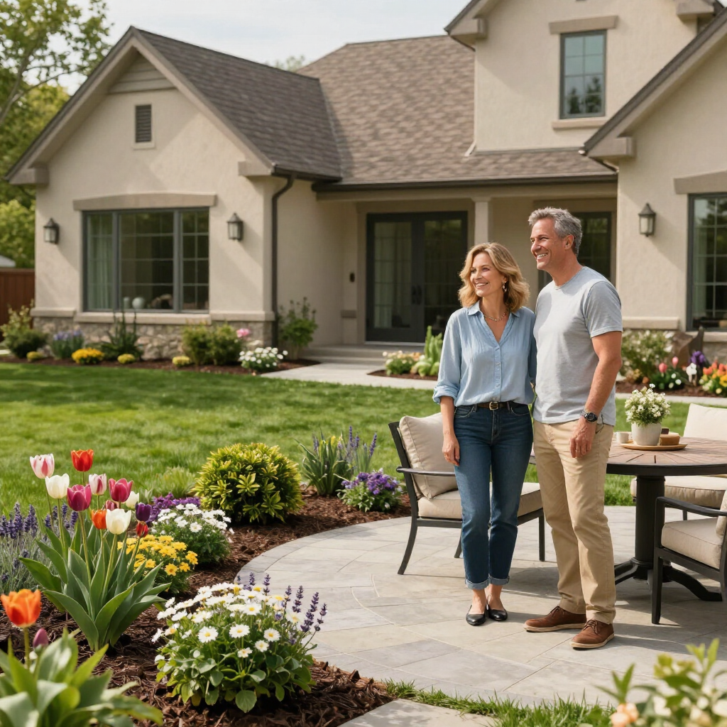 happy homeowners in their newly landscaped yard thanking their landscape contractor