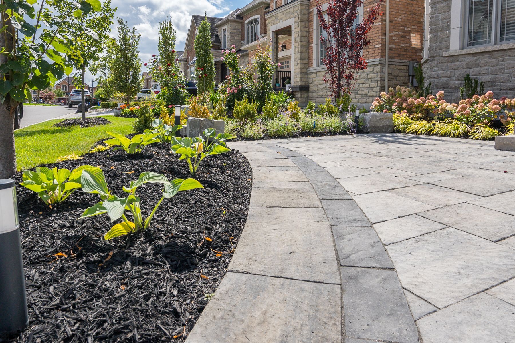 Curving paved walkway with dark mulch garden and landscaping in front of homes.