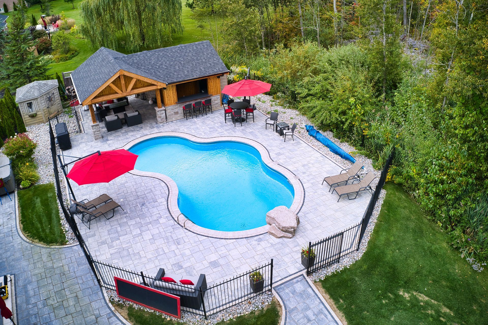 An aerial view of a large swimming pool in a backyard surrounded by trees.