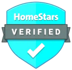 A blue shield with the words `` homestars verified '' and a check mark on it.
