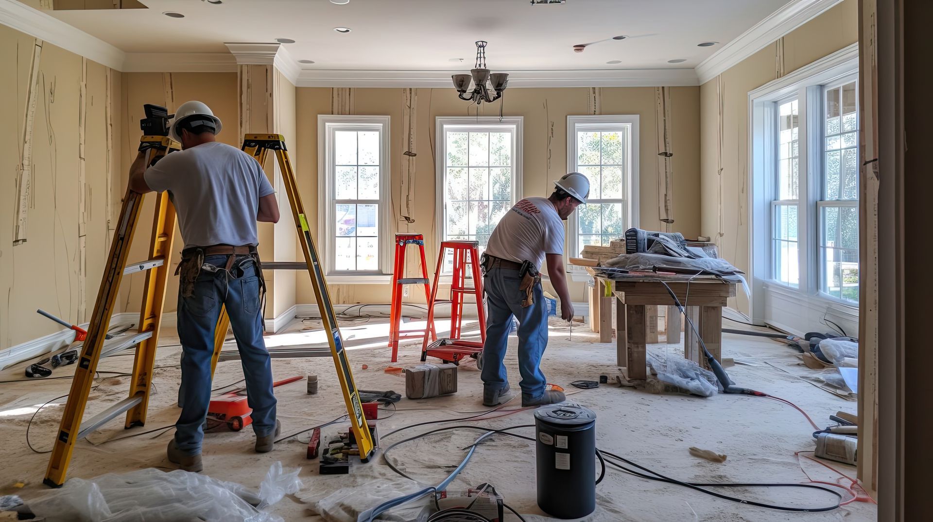 Two construction workers are working in a room under construction.