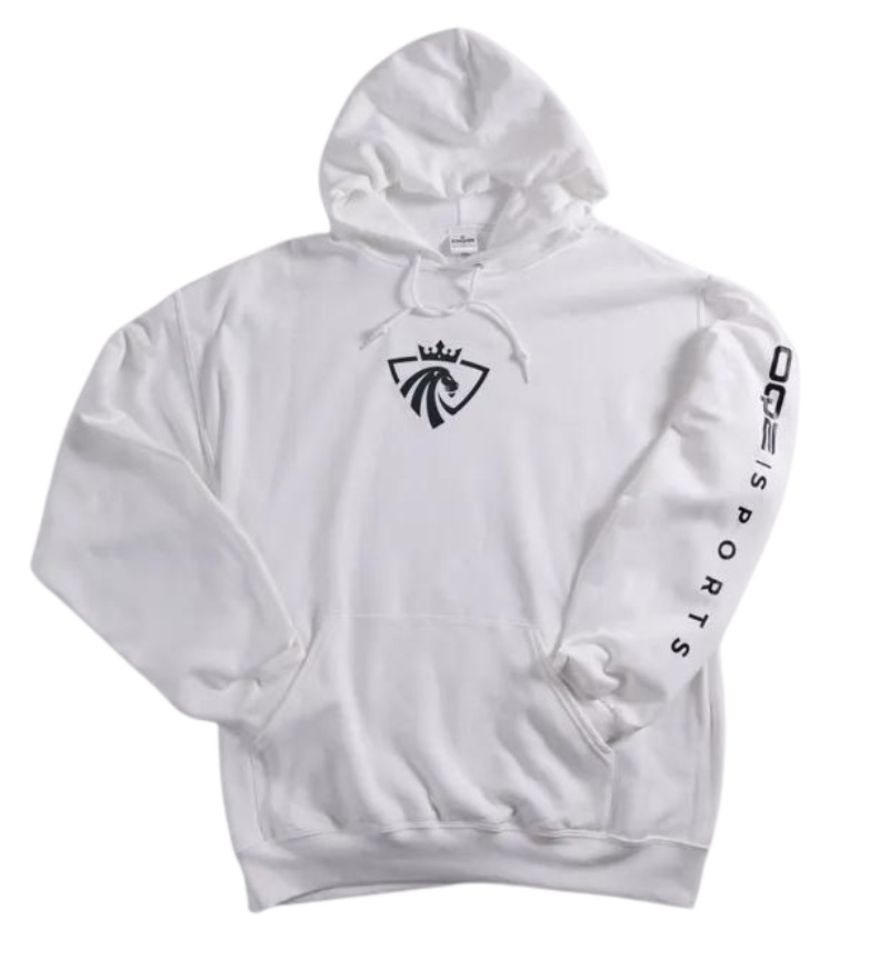 A white hoodie with the word sports on the sleeve