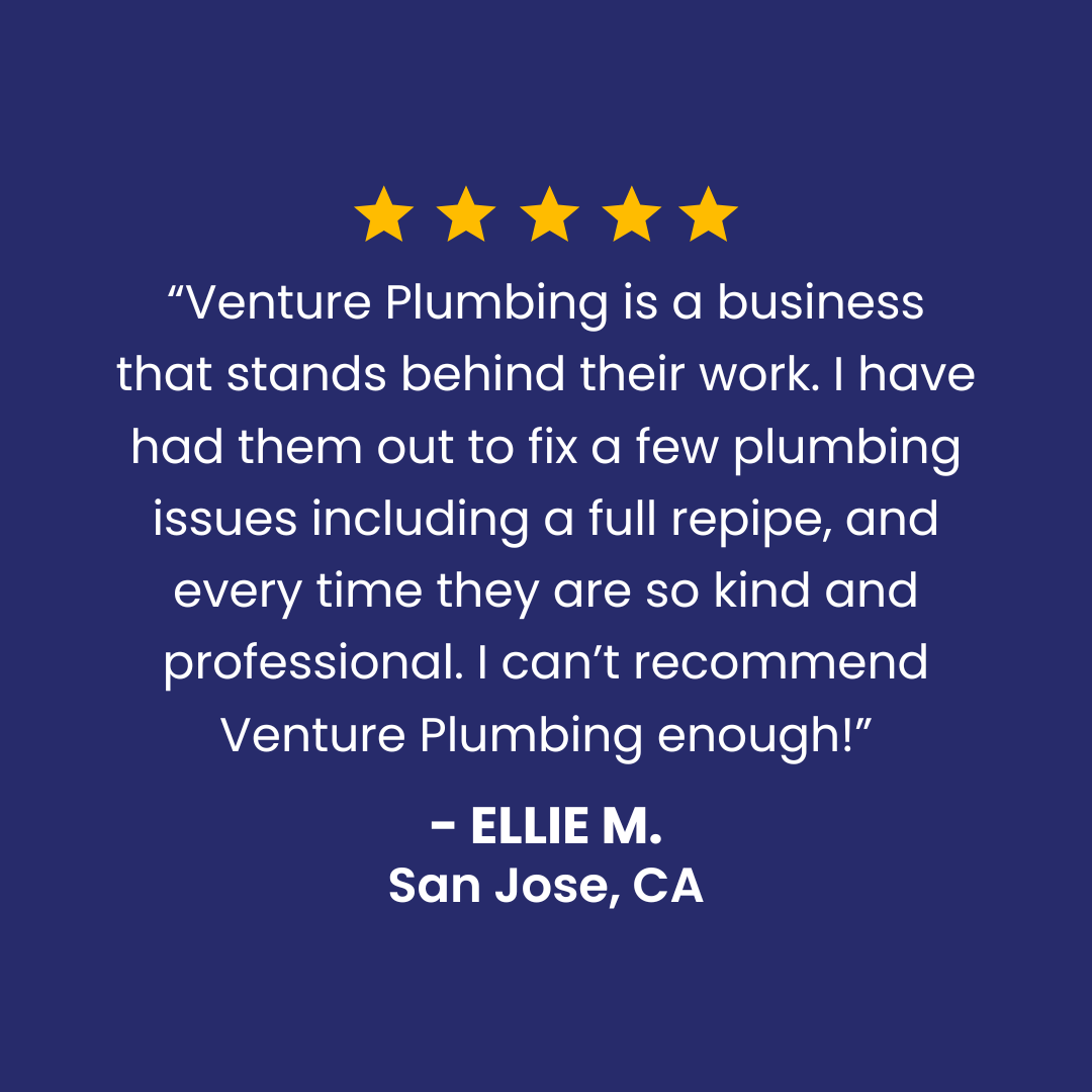 Customer review for Venture Plumbing with five stars. "Ellie M., San Jose, CA" praises their work and professionalism.