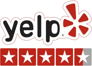 Yelp logo with four red star ratings, one-half gray star.