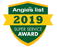A green and yellow shield with the words angie 's list 2019 super service award written on it.