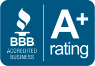 A blue sign that says bbb accredited business and a+ rating