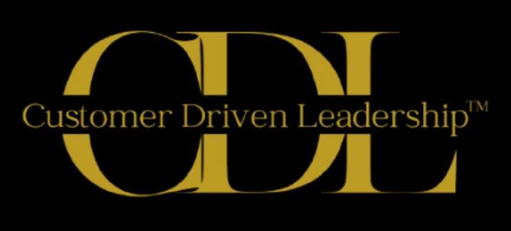 A black and gold logo for customer driven leadership