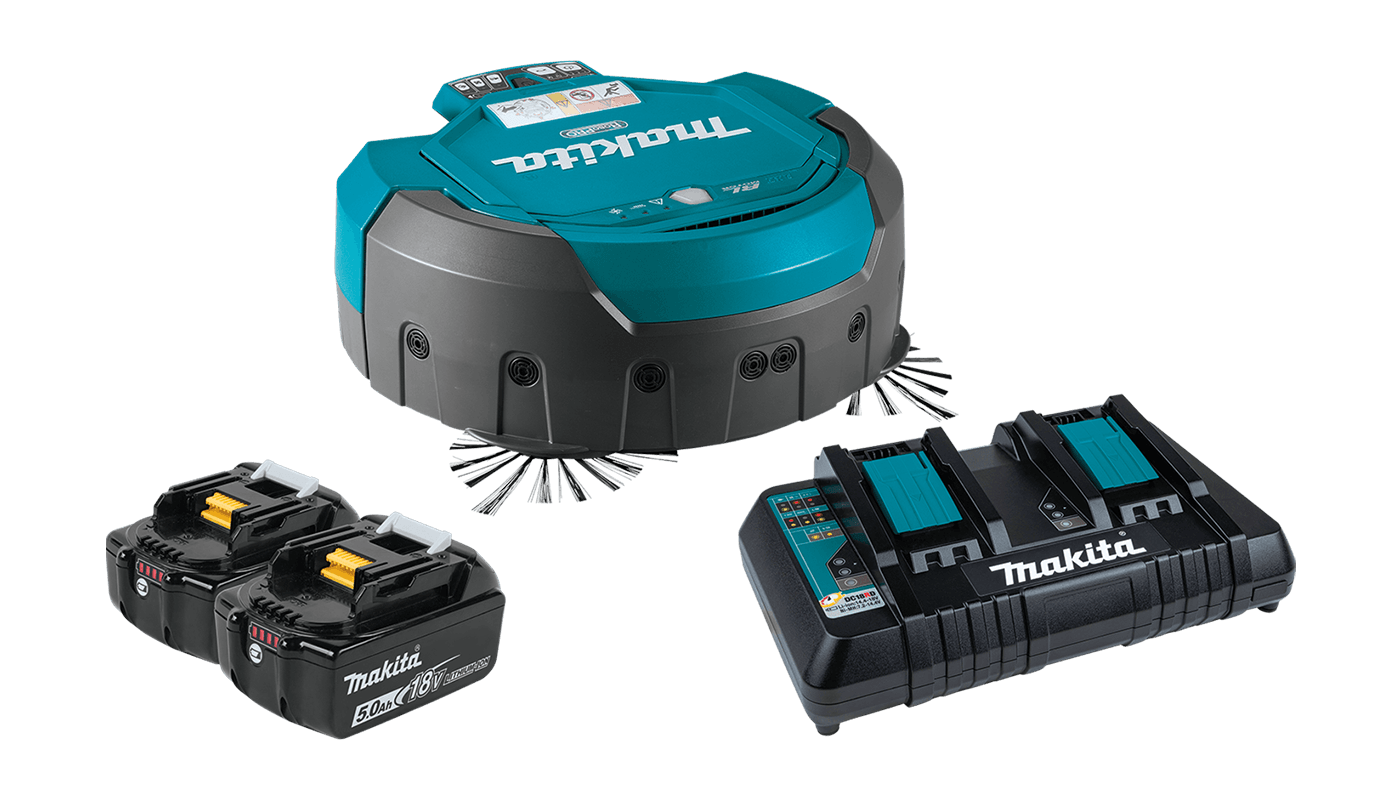 a makita robot vacuum cleaner with two batteries and a charger .