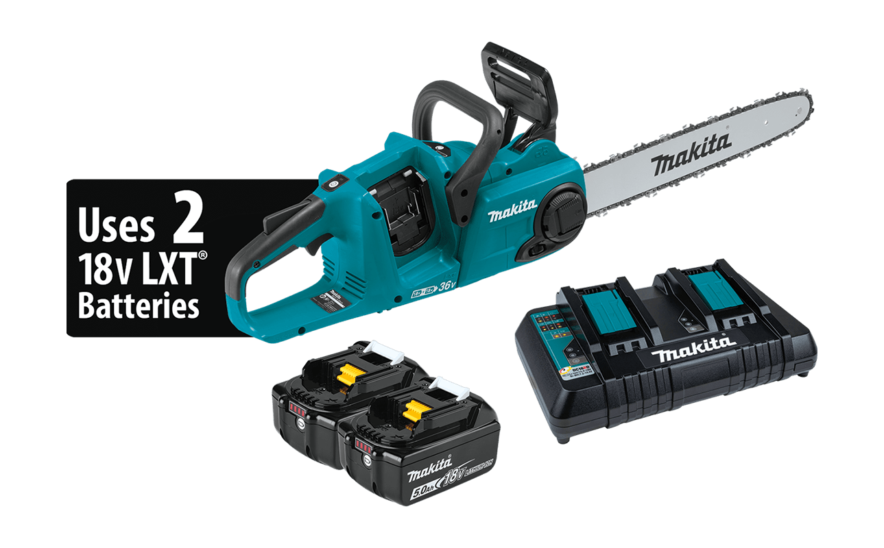 a makita chainsaw with two batteries and a charger .