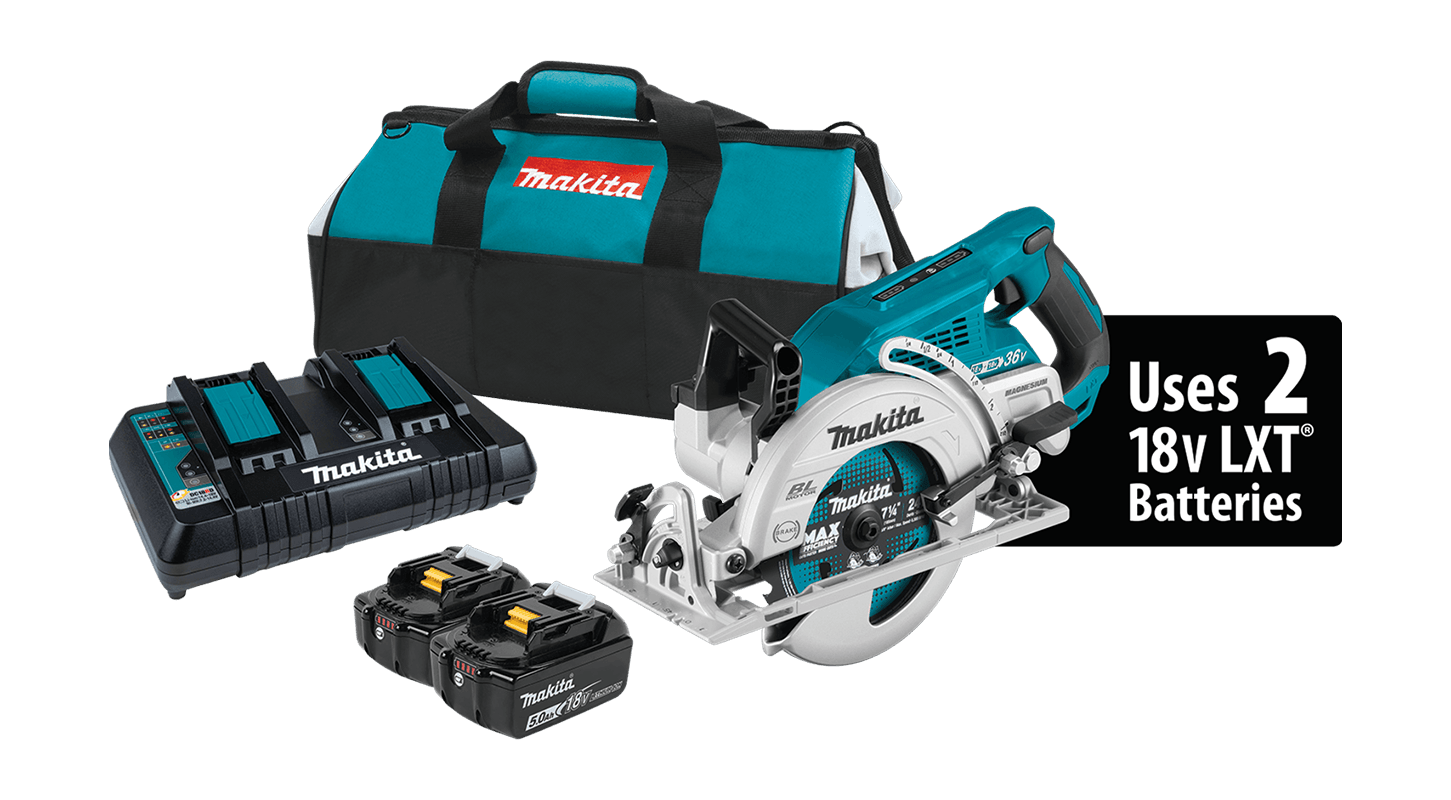 a makita circular saw with two batteries and a charger .