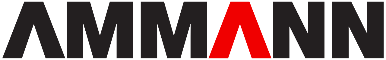 the word ammann is written in black and red on a white background .