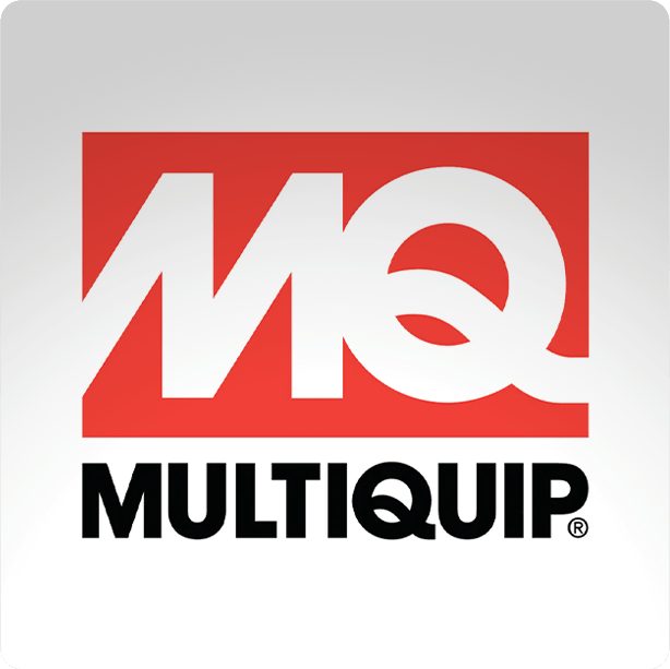 a red and white mq multiquip logo on a white background