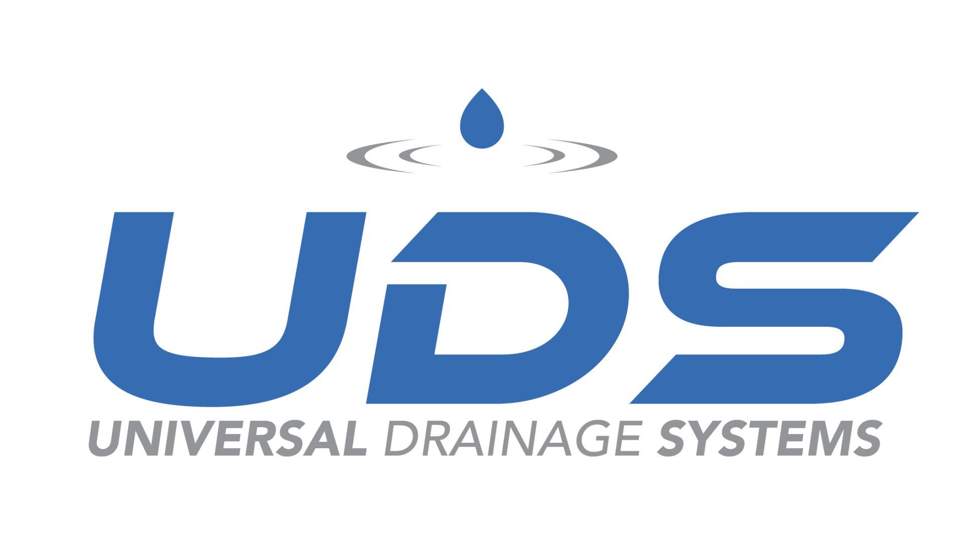 a blue logo for uds universal drainage systems on a white background .