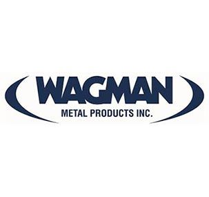 the logo for wagman metal products inc. is blue and white .