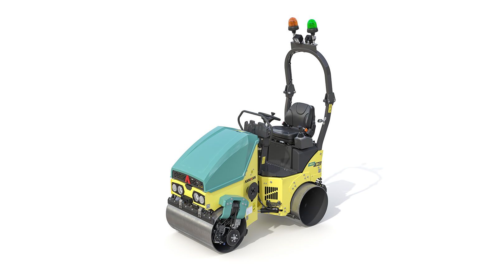 a yellow and blue compactor is sitting on a white surface .