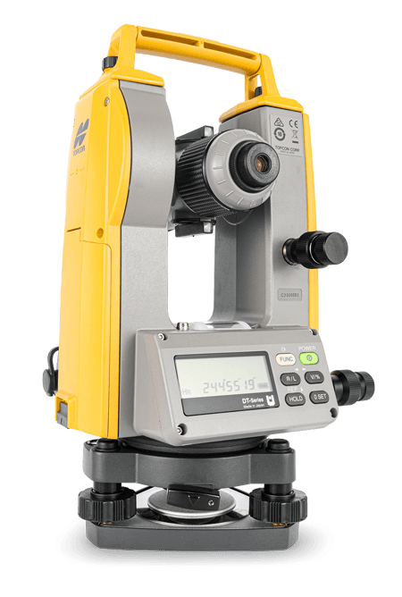 a yellow and gray total station with a handle on a white background .