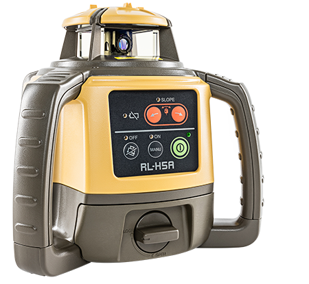 a yellow and black laser level with a handle on a white background .