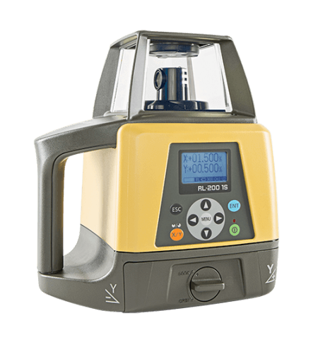 a yellow and black laser level with a screen that says x-ul500 y-00500 on it .