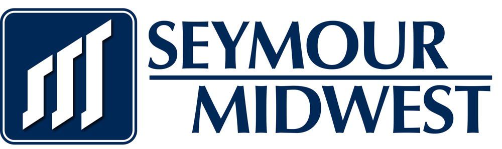 the logo for seymour midwest is blue and white
