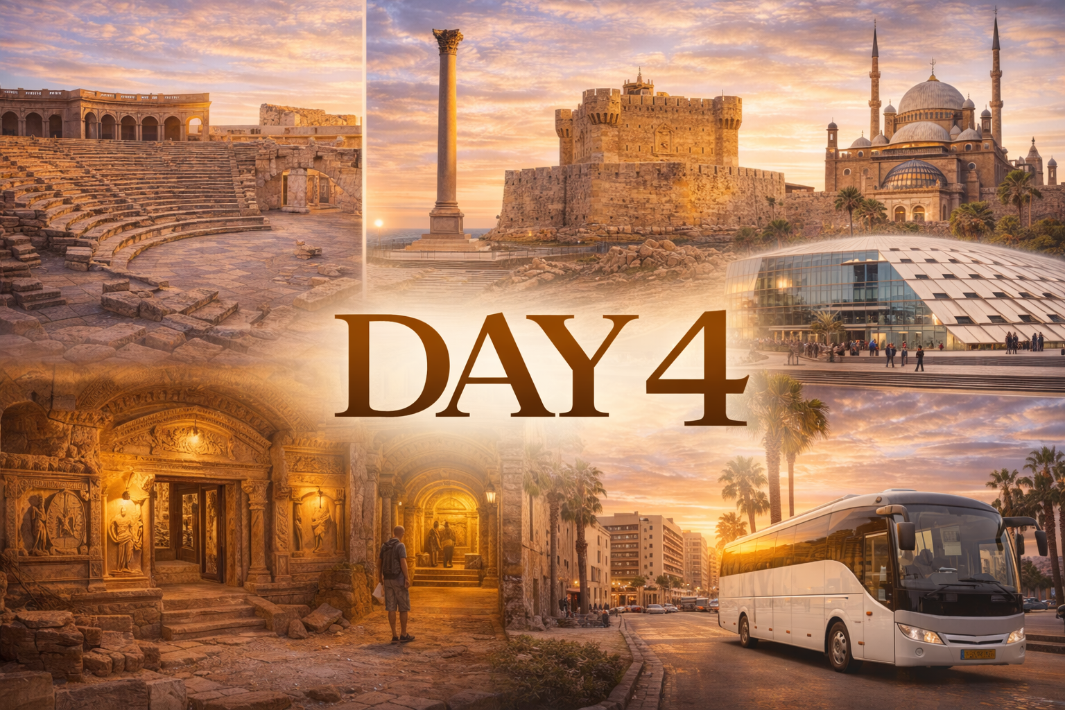 Day 4 of a trip to Egypt with various ancient sites and a tour bus at sunset.