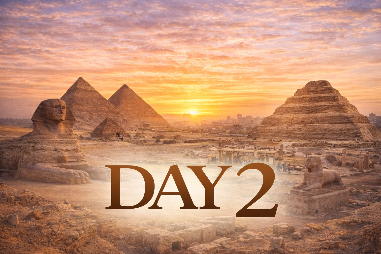 Day 2 in Egypt: Pyramids, Sphinx, and sunset over desert landscape.